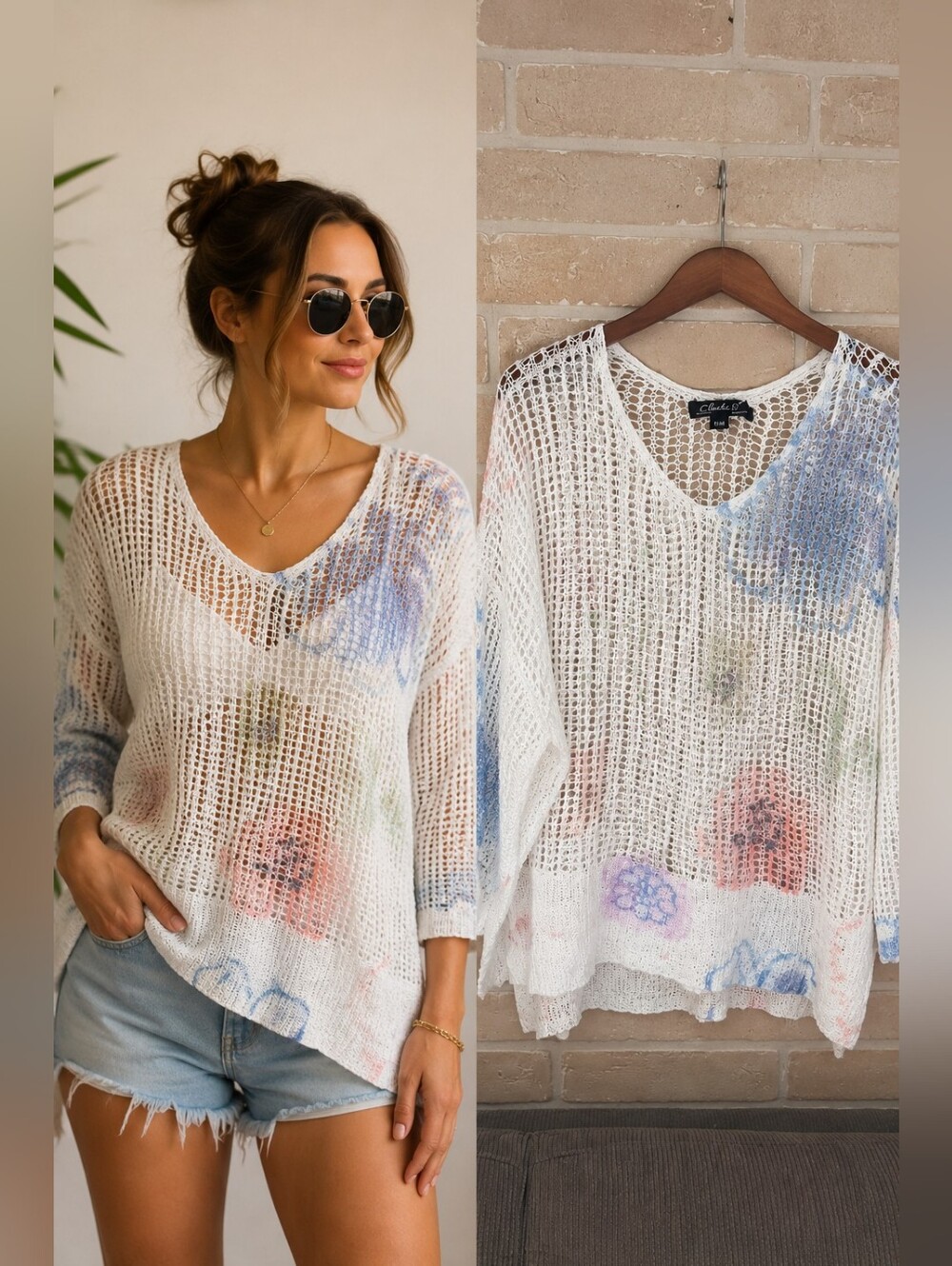 Charlie B White Open Knit Crochet Pullover Floral Lightweight Boho Sweater M/M